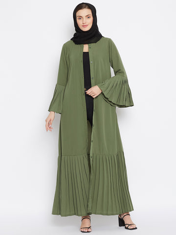 Nabia Women Jate Green Solid Nida Plated Front Open Abaya With Georgette Scarf