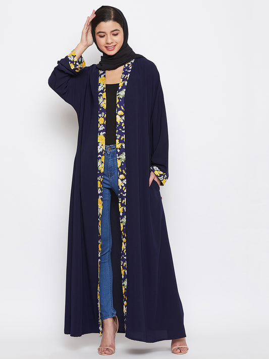 Nabia Women Blue Dubai Style Front Open Nida Matte Fabric Abaya with Georgette Scarf