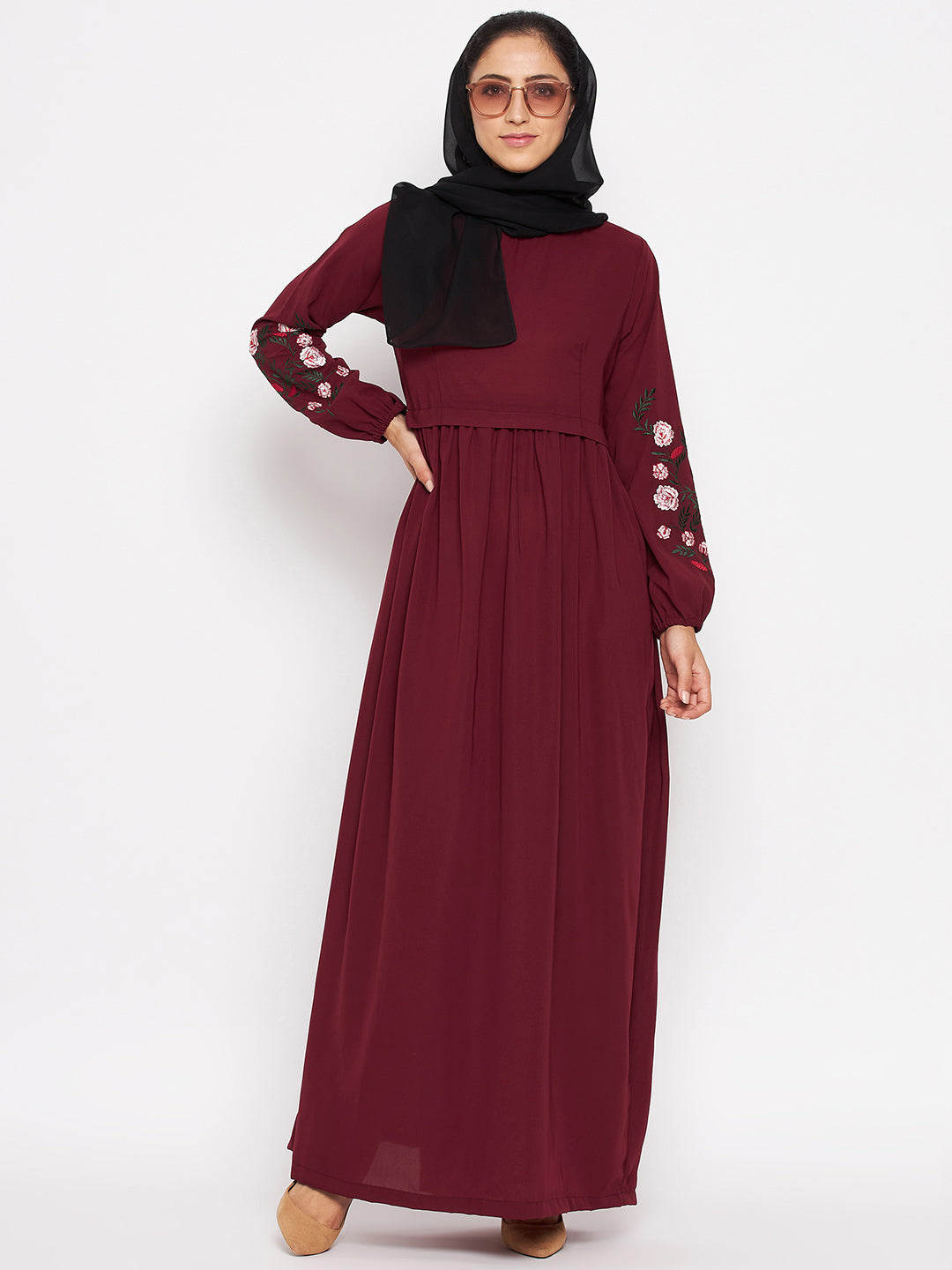 Nabia Women Maroon Chikan Hand Embroidery Design  Abaya With Georgette Scarf