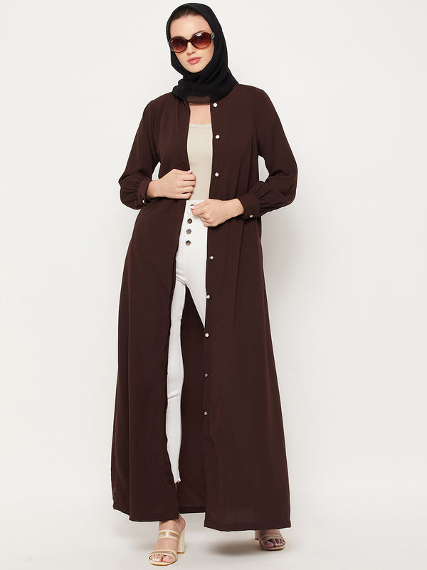Nabia Brown Nida Mate Fabric Front Open Abaya With Georgette Scarf