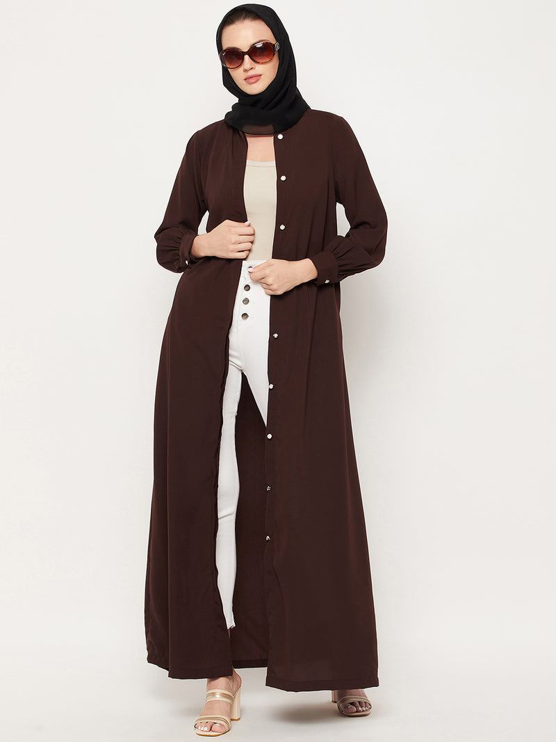 Nabia Brown Nida Mate Fabric Front Open Abaya With Georgette Scarf