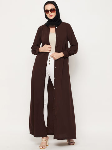 Nabia Brown Nida Mate Fabric Front Open Abaya With Georgette Scarf