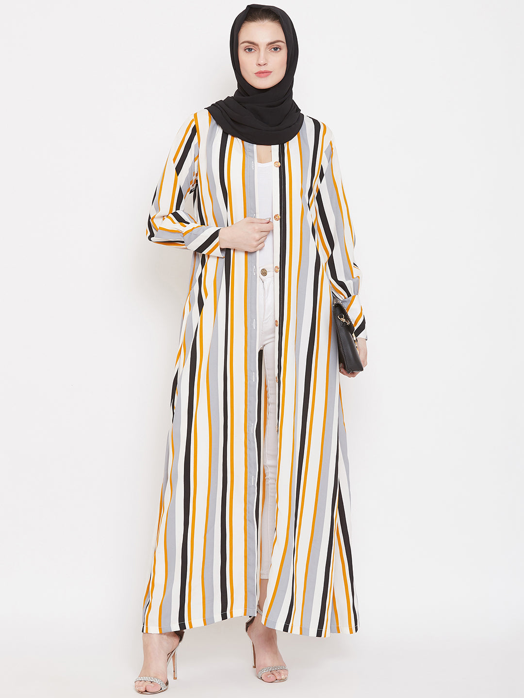 Nabia Women Yellow Front Open Striped Abaya with Georgette Scarf
