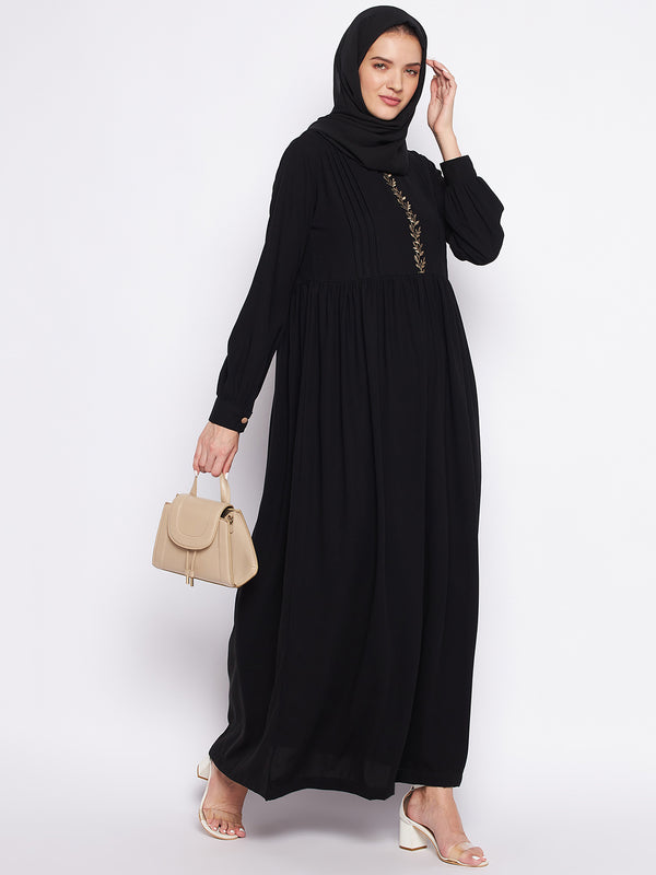 Nabia Black Solid Nida Matte Fabric Abaya For Women With Georgette Scarf