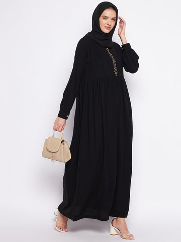 Nabia Black Solid Nida Matte Fabric Abaya For Women With Georgette Scarf