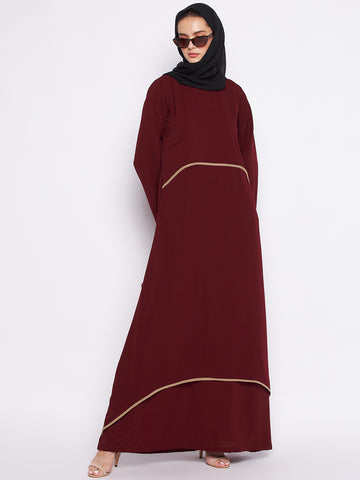 Nabia Maroon Nida Matte Fabric Piping Design Double Layer Abaya For Women With Georgette Scarf