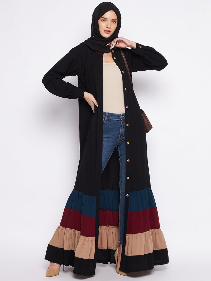 Nabia Multi-Colored Nida Matte Fabric Front Open Abaya For Women With Georgette Scarf