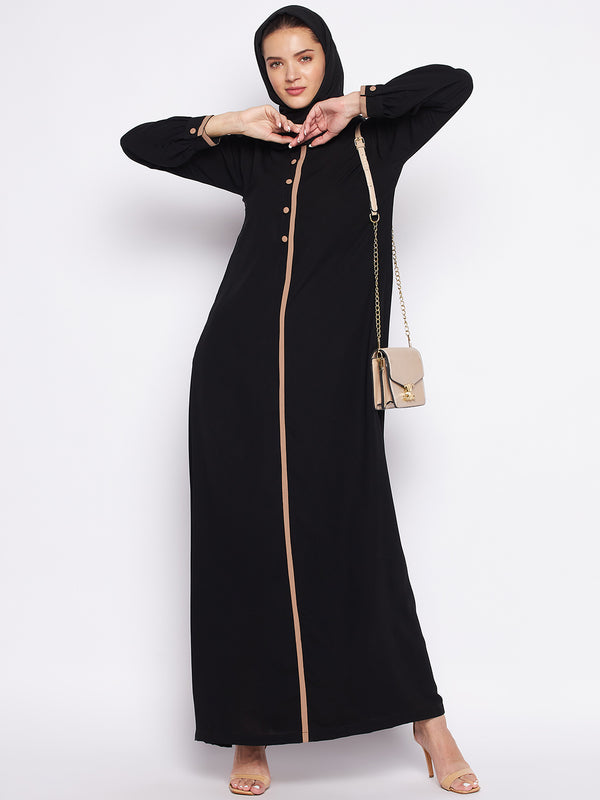 Nabia Black Solid Nida Matte Fabric Abaya For Women With Georgette Scarf