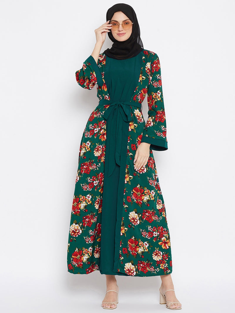 Nabia Women Bottle Green Floral Printed Shrug Attached Casual Abaya With Georgette Scarf