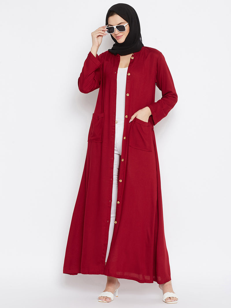 Nabia Women Maroon Rayon Front Open Abaya with Georgette Scarf