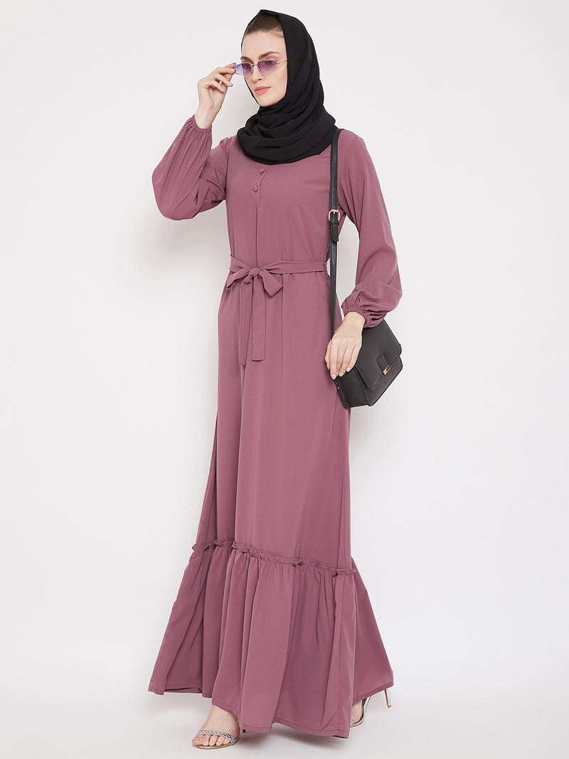 Nabia Puse Pink Solid Frill Abaya Dress for Women with Georgette Scarf