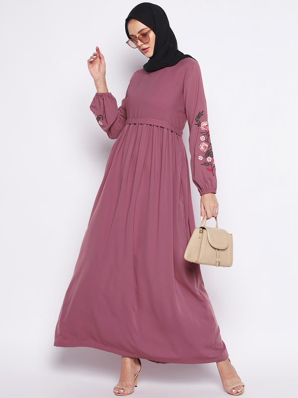 Nabia Puce Pink Nida Matte Fabric Embroidery Abaya For Women With Georgette Scarf