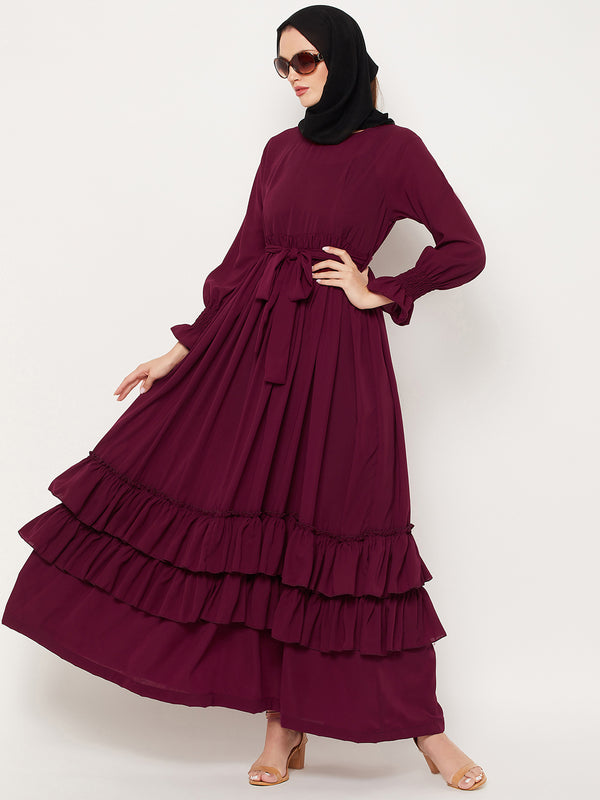 Nabia Maroon Frill Nida Matte Fabric Abaya Dress With Georgette Scarf