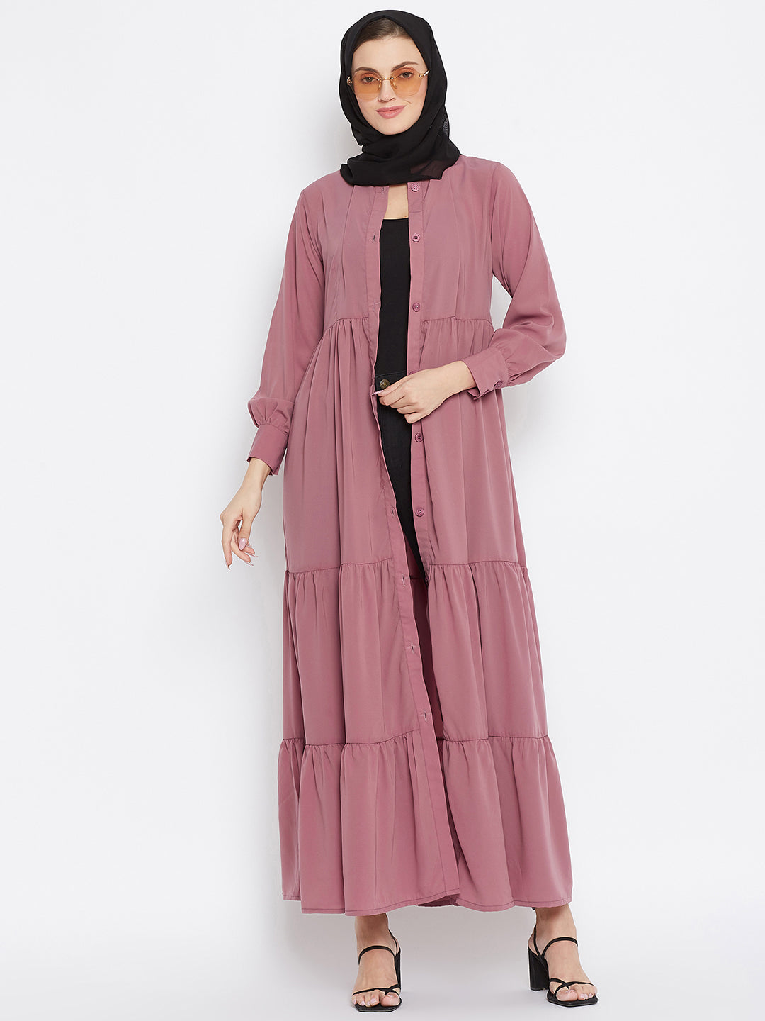 Nabia Women Puce Pink Solid Front Open Three Frilled  Abaya With Georgette Scarf