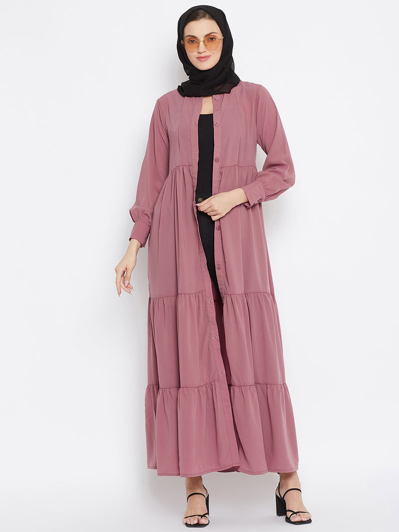 Nabia Women Pink Solid Front Open Three Frilled  Abaya With Georgette Scarf