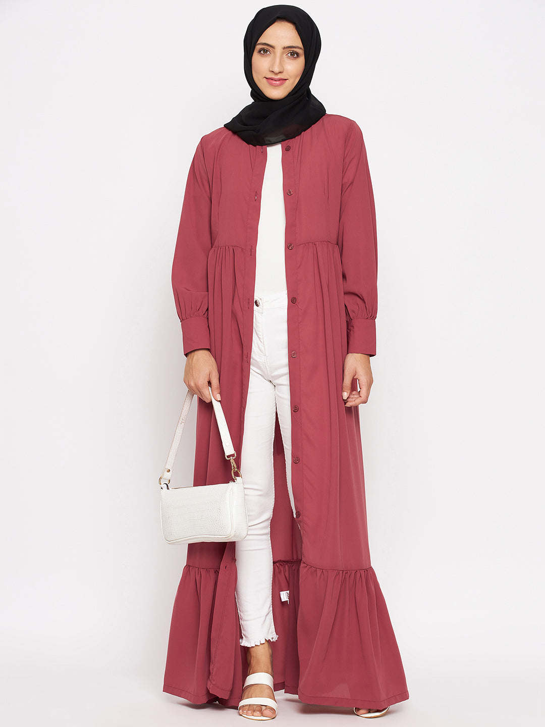 Nabia  Women Rust Front Open Nida Matte Abaya With Georgette Scarf