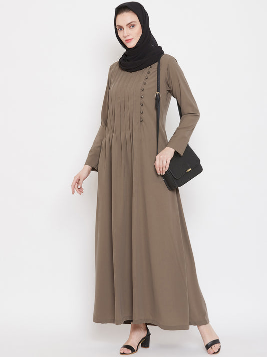 Nabia Women Oat Solid Side Plate Abaya Dress with Georgette Scarf