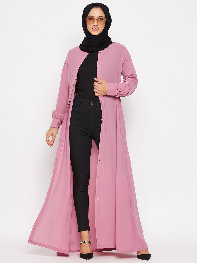 Nabia Women Fuse Pink Solid Front Open Abaya With Georgette Scarf
