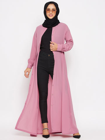 Nabia Women Pink Solid Front Open Abaya With Georgette Scarf