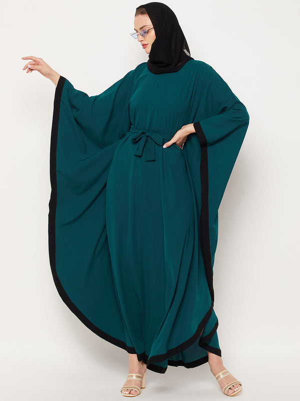 Nabia Bottle Green Nida Matte Full Length Kaftan Abaya With Georgette Scarf