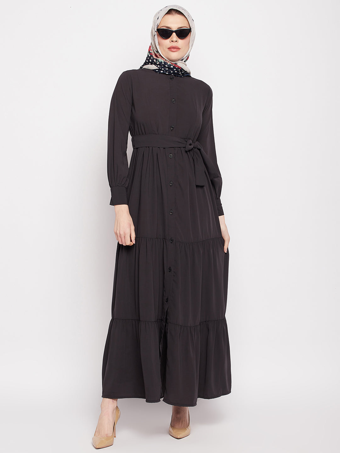 Nabia Women Olive Black Solid Frilled Abaya with Black Georgette Scarf