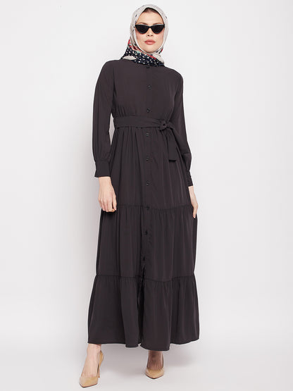 Nabia Women Olive Black Solid Frilled Abaya with Black Georgette Scarf