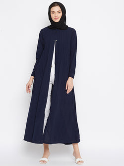 Nabia Women Blue Solid  Nida Matte Front Open Plat Design Abaya With Georgette Scarf