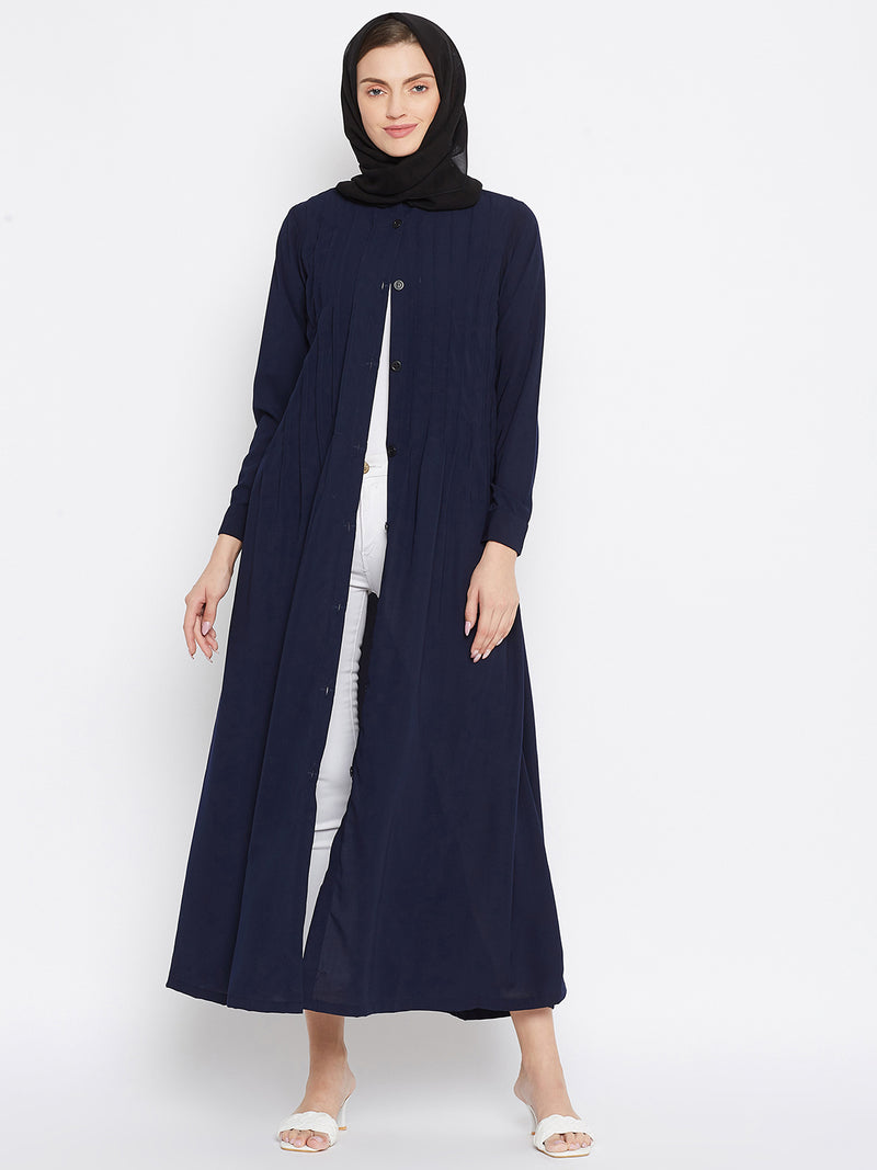 Nabia Women Blue Solid  Nida Matte Front Open Plat Design Abaya With Georgette Scarf