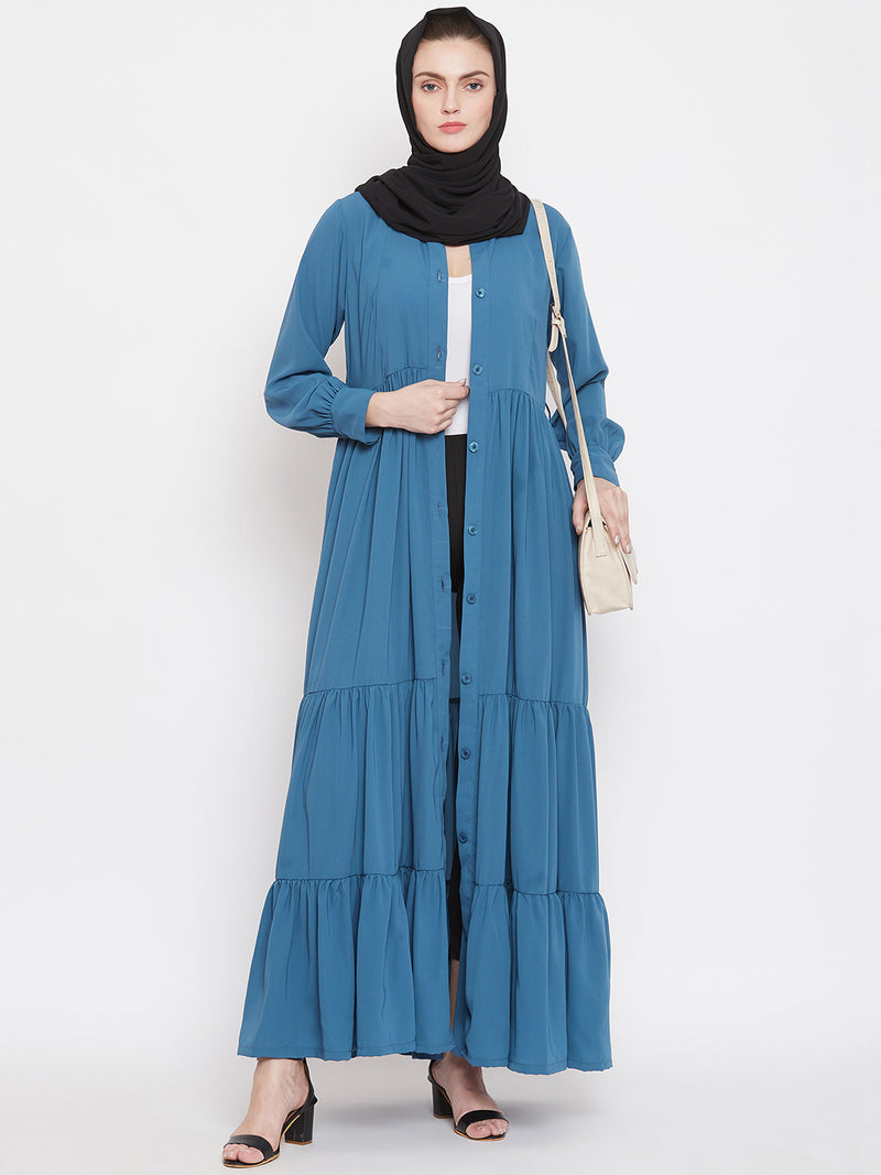 Nabia Women Sky Blue Solid Front Open Three Frilled Abaya  With Georgette Scarf