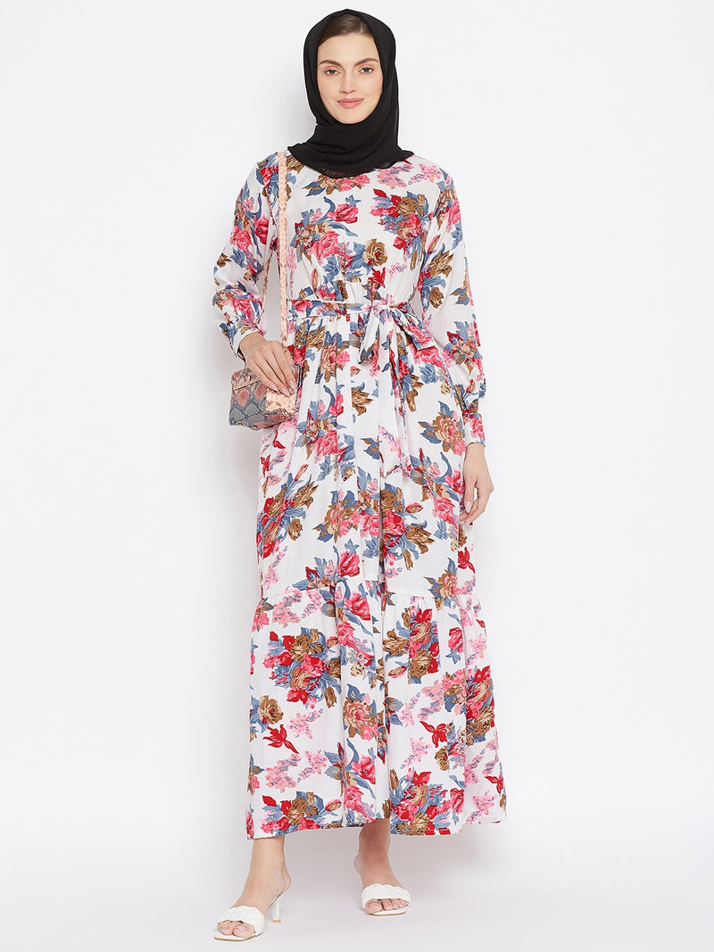 Nabia Women White Floral Printed Crepe Two Frill Abaya Dress  With Georgette Scarf