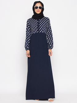 Nabia Women  Blue & White Polka Dot Printed Abaya With Georgette Scarf
