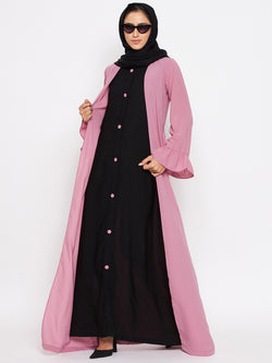 Nabia Women Fuse Pink & Black  Solid Two Color Combination Bell Sleeves Abaya With Georgette Scarf
