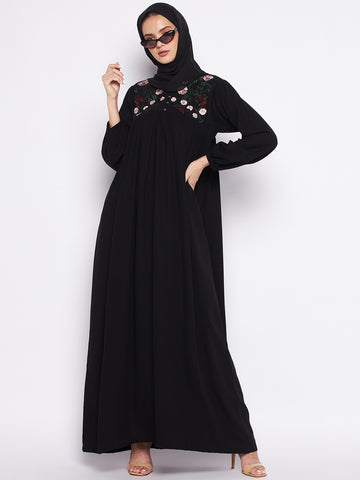 Nabia Black Nida Matte Fabric Embroidery Abaya For Women With Georgette Scarf