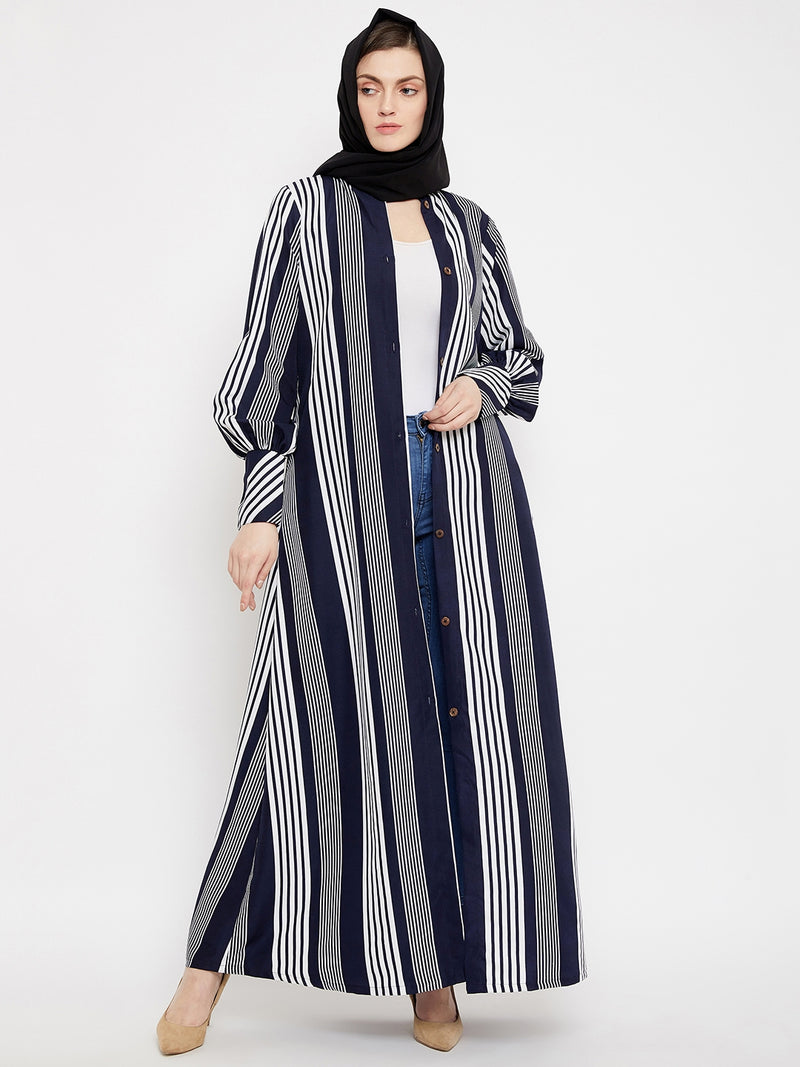 Nabia Women Blue Front Open Striped Crepe Fabric Abaya With Georgette Scarf
