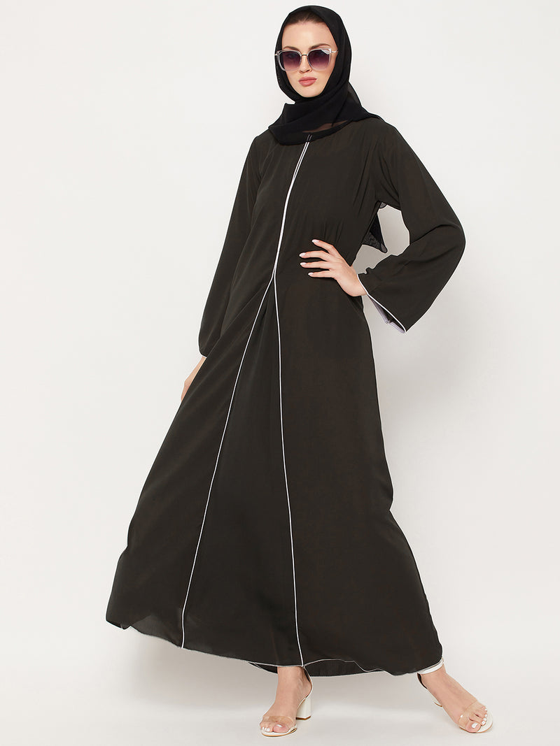 Nabia Olive Green Nida Matte Fabric Abaya With Georgette Scarf