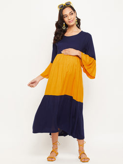 Blue & Yellow Solid Maternity Dress for Women