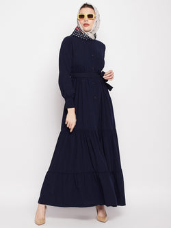 Nabia Women Blue Solid Frilled Nida Matte Fabric Abaya Burqa With Black Georgette Scarf