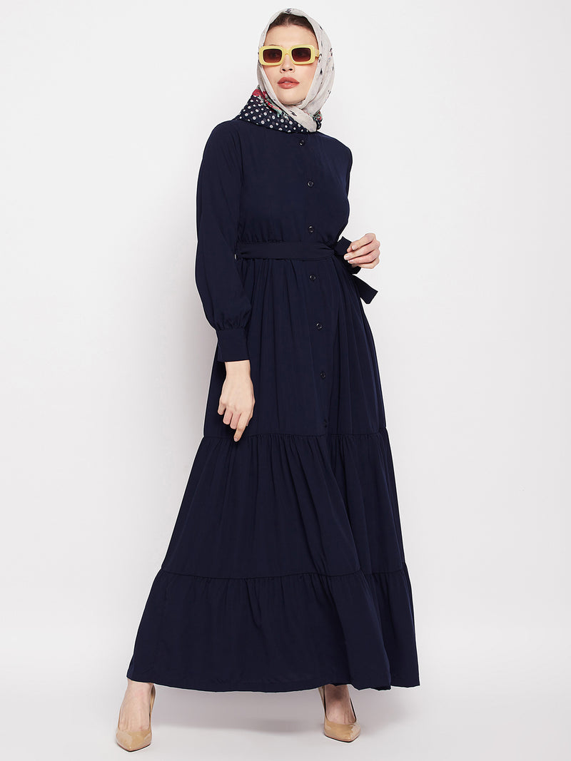 Nabia Women Blue Solid Frilled Nida Matte Fabric Abaya Burqa With Black Georgette Scarf
