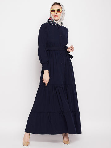 Nabia Women Blue Solid Frilled Nida Matte Fabric Abaya Burqa With Black Georgette Scarf