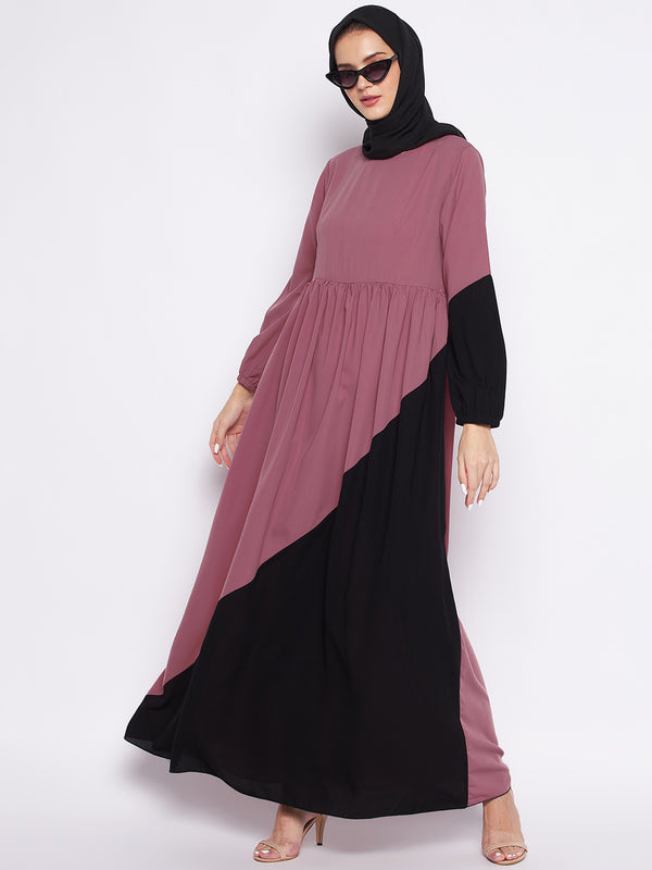 Nabia Puce Pink & Black Nida Matte Fabric Abaya For Women With Georgette Scarf