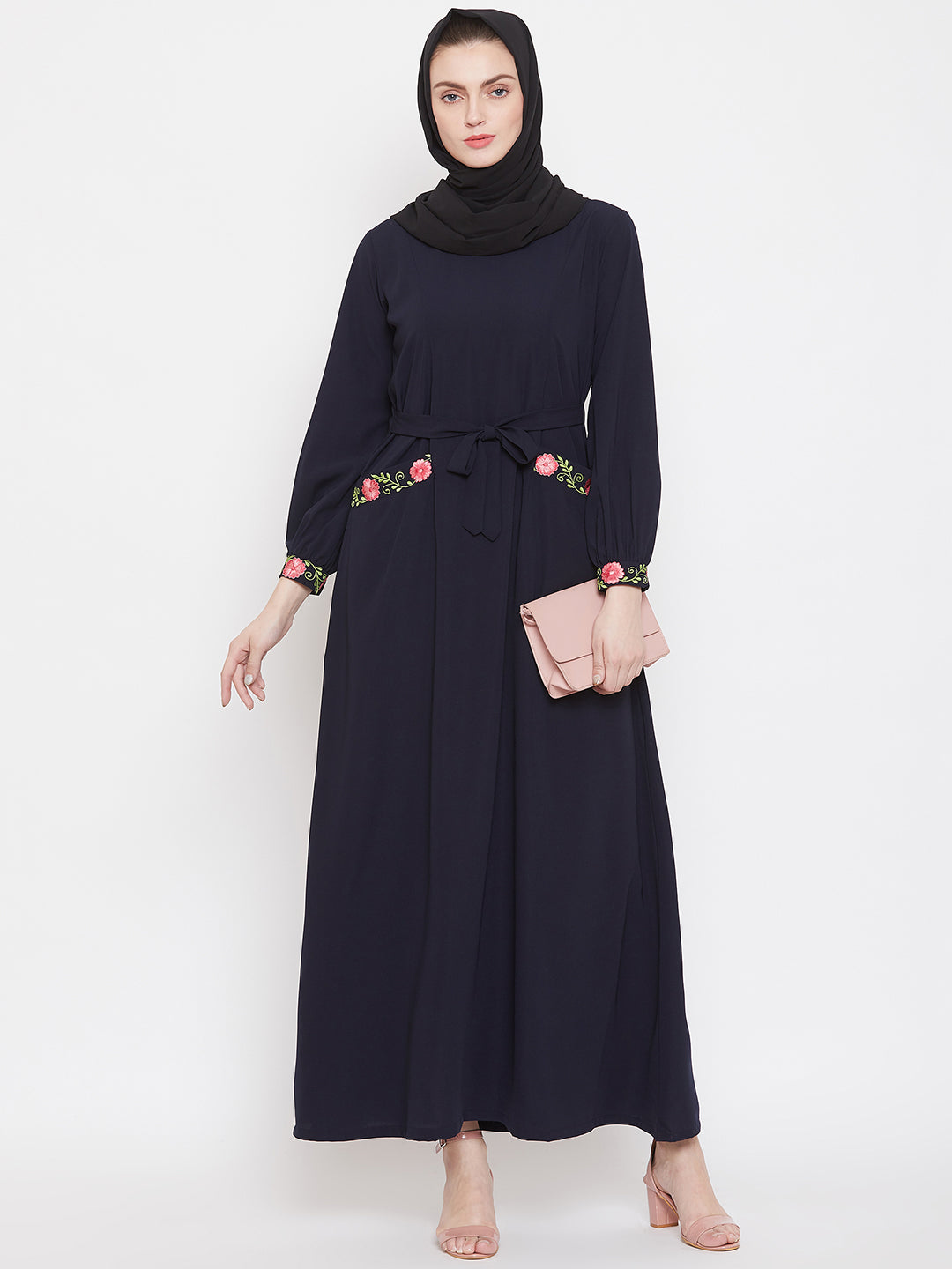 Nabia Women Blue Embroidery Nida Matte Fabric Abaya With Georgette Scarf