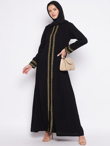 Nabia Black Solid Nida Matte Fabric Abaya For Women With Georgette Scarf