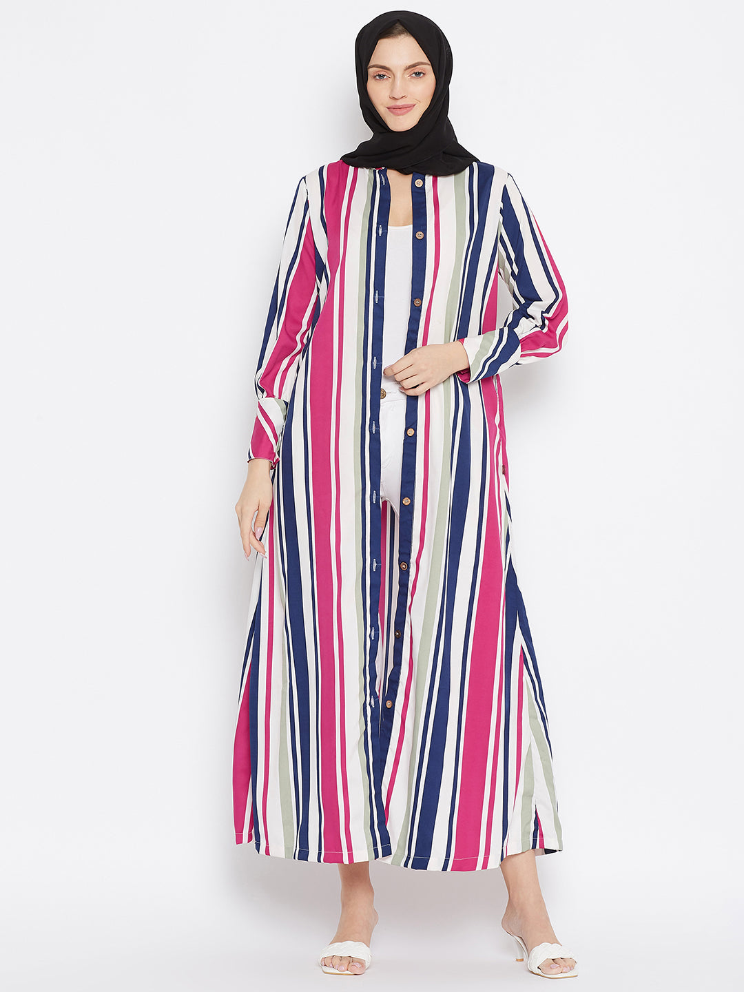 Nabia Women Pink Front Open Striped Abaya With Georgette Scarf