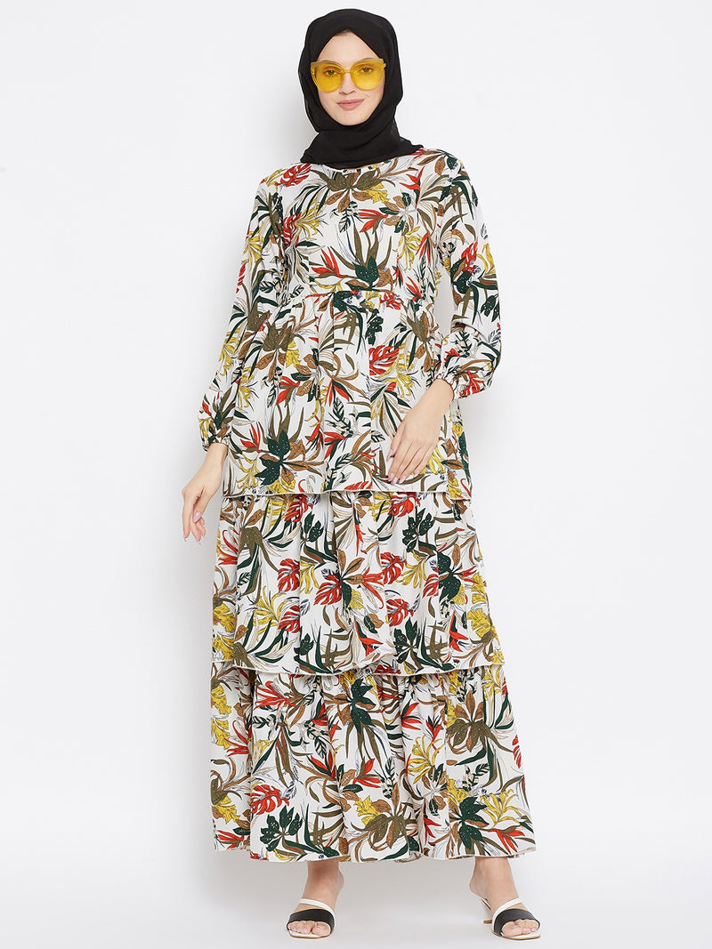Nabia Women Off White Floral Printed Crepe Three Frill Abaya Dress With Georgette Scarf
