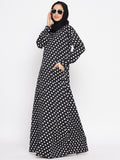 Nabia Women Black Polka Crepe Abaya Dress with Georgette Scarf