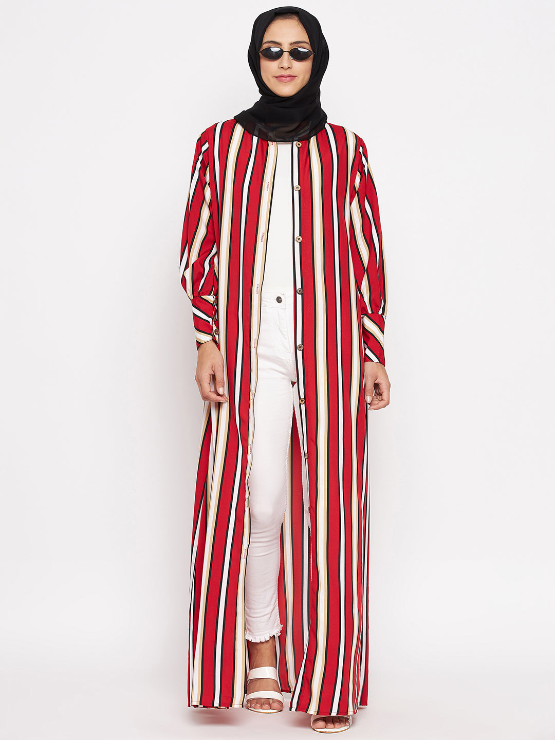 Nabia  Women Red Front Open Striped Abaya With Georgette Scarf