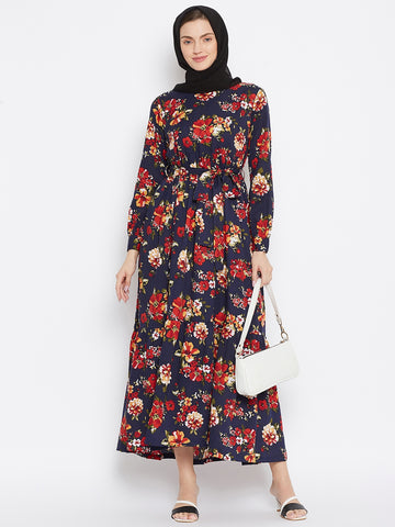 Nabia Women Blue & Red Floral Printed Crepe Two Frill  Abaya Dress With Georgette Scarf