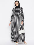Nabia Black Stripe Crepe Abaya Dress with Georgette Scarf
