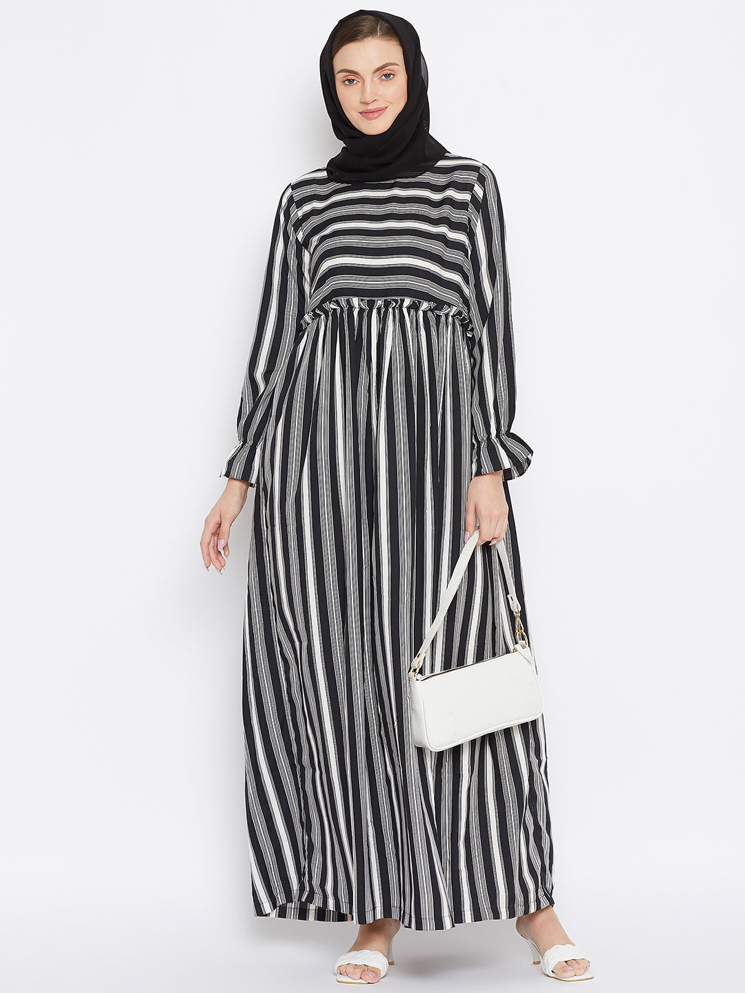 Nabia Women Black Solid Stripe Crepe Abaya Dress With Georgette Scarf