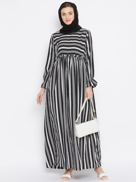 Nabia Women Black Solid Stripe Crepe Abaya Dress With Georgette Scarf